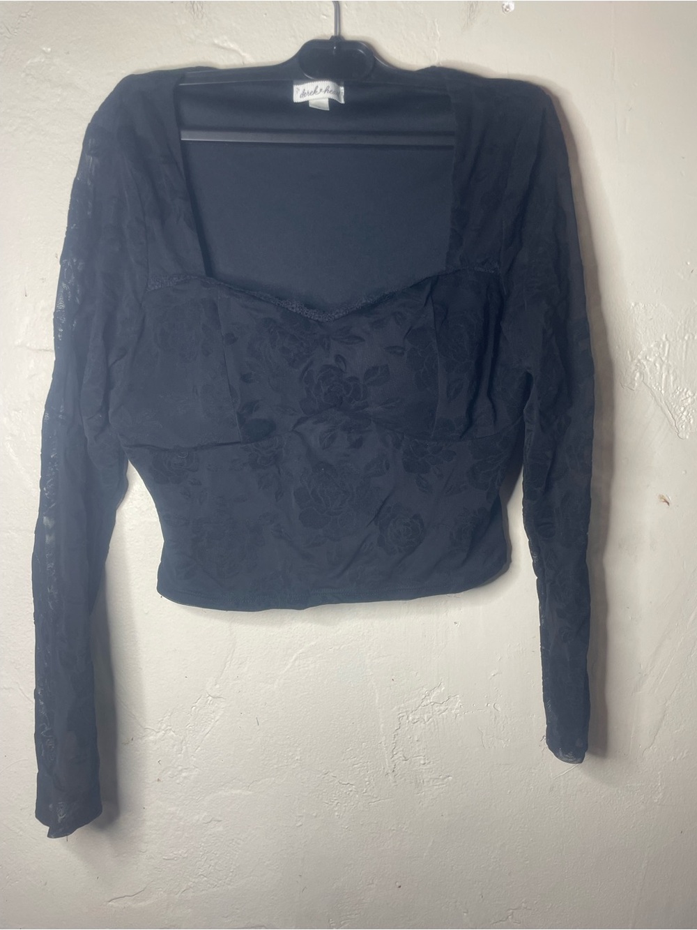Derek Heart Womens Black Floral Mesh Sheer Lace Sweetheart Crop Top M